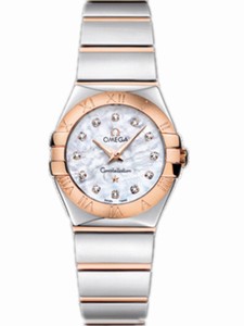 Omega 24mm Constellation Polished Quartz White Mother Of Pearl Dial Rose Gold Case, Diamonds On Hour Indices With Rose Gold And Stainless Steel Bracelet Watch #123.20.24.60.55.003 (Women Watch)