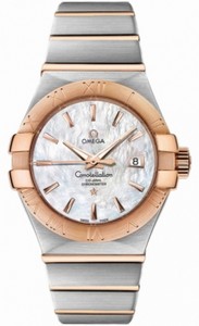 Omega 31mm Automatic Brushed Chronometer White Mother Of Pearl Dial Rose Gold Case With Rose Gold And Stainless Steel Bracelet Watch #123.20.31.20.05.001 (Women Watch)