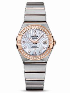 Omega 27mm Constellation Brushed Chronometer White Mother Of Pearl Dial Rose Gold Case, Diamonds With Rose Gold And Stainless Steel Bracelet Watch #123.25.27.20.55.001 (Women Watch)
