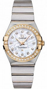 Omega 27mm Constellation Brushed Quartz White Mother Of Pearl Dial Yellow Gold Case, Diamonds With Yellow Gold And Stainless Steel Bracelet Watch #123.25.27.60.55.003 (Women Watch)