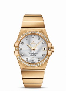 Omega 38mm Automatic Chronometer Silver Dial Yellow Gold Case, Diamonds With Yellow Gold Bracelet Watch #123.55.38.21.52.002 (Men Watch)