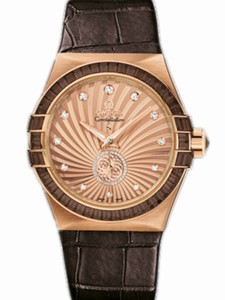 Omega 35mm Automatic Chronometer Constellation Small Seconds Champagne Dial Rose Gold Case, Diamonds With Brown Leather Strap Watch #123.58.35.20.99.001 (Women Watch)
