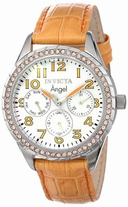 Invicta Angel Quartz Mother of Pearl Dial Crystal Bezel Light Orange Leather Watch # 12606 (Women Watch)