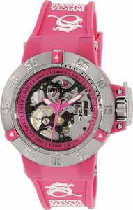 Invicta Pink Skeleton Dial Uni-directional Rotating Silver-tone Band Watch #17128 (Women Watch)