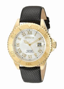 Invicta Pro Diver Quartz Mother of Pearl Dial Black Leather Watch # 18427 (Men Watch)