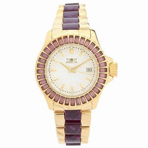 Invicta Silver Dial Fixed Gold-tone Set With Purple Baguette Crystals Band Watch #18880 (Women Watch)