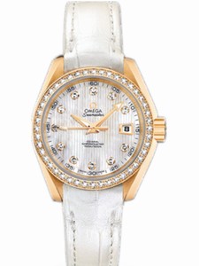 Omega 30mm Automatic Chronometer Aqua Terra Jewellery Teak White Mother Of Pearl Dial Yellow Gold Case, Diamonds With White Leather Strap Watch #231.58.30.20.55.002 (Women Watch)