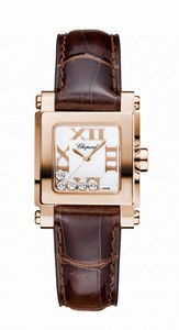 Chopard Happy Sport Quartz White Dial Floating Diamond 18ct Rose Gold Case Brown Leather Watch# 275349-5001 (Women Watch)