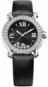 Chopard Quartz 18kt White Gold Black Dial Satin Black Band Watch #277473-1004 (Women Watch)