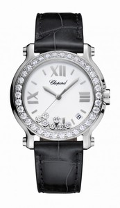 Chopard Happy Sport Quartz White Dial Date Diamond Bezel Black Leather Watch# 278475-3037 (Women Watch)