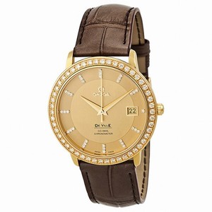 Omega DeVille Prestige Co-Axial Champagne Diamond Dial Diamond Bezel 18k Yellow Gold Case Brown Leather Watch# 413.58.37.20.58.001 (Men Watch)