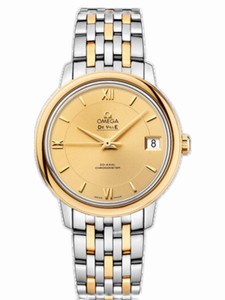 Omega 32.7mm Prestige Co-Axial Champagne Gold Dial Yellow Gold Case With Yellow Gold And Stainless Steel Bracelet Watch #424.20.33.20.08.001 (Women Watch)