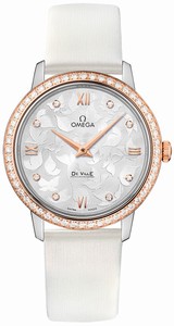 Omega De Ville Prestige Quartz Diamond Dial 18k Rose Gold Diamond Bezel White Satin Brushed Leather Watch# 424.27.33.60.52.001 (Women Watch)