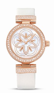 Omega De Ville White Mother of Pearl Diamond Dial 18k Rose Gold and Diamond Bezel White Satin Brushed Leather Watch# 425.67.34.20.55.006 (Women Watch)