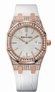 Audemars Piguet Royal Oak Quartz Analog Date 18ct Rose Gold and Diamond Case White Leather Watch# 67652OR.ZZ.D011CR.01 (Women Watch)