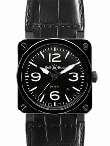 Bell & Ross BR03-92 Ceramic Crocodile Strap Date 42mm Watch # BR03-92-CER-BLP_SCR BR0392-Black Ceramic (Men Watch)