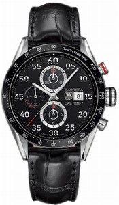 TAG Heuer Self Winding Automatic Calibre 1887 Polished Stainless Steel Black Red Accented Chronograph With Date At 3 Dial Black Crocodile Leather Band Watch #CAR2A10.FC6235 (Men Watch)