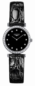 Longines La Grande Classique Quartz Black Diamond Dial Diamond Bezel Black Leather Watch# L4.241.0.58.2 (Women Watch)