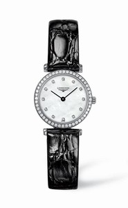 Longines La Grande Classique Quartz Mother of Pearl Dial Diamonds Bezel Black Leather Watch# L4.241.0.80.2 (Women Watch)
