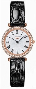 Longines La Grande Classique Quartz Mother of Pearl Dial 18ct Rose Gold Diamond Bezel Black Alligator Strap Watch# L4.307.9.81.0 (Women Watch)