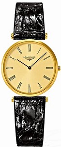 Longines La Grande Classique Quartz Gold Dial Roman Numerals Black Leather Watch# L4.512.2.31.2 (Women Watch)