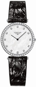 Longines La Grande Classique Quartz Mother of Pearl Diamond Dial Diamonds Bezel Black Leather Watch# L4.513.0.87.2 (Women Watch)