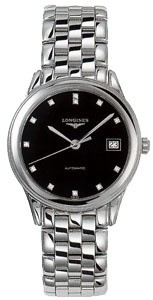Longines Automatic Polished Stainless Steel Black With Diamonds And Date At 3 Dial Polished Stainless Steel Band Watch #L4.774.4.57.6 (Men Watch)