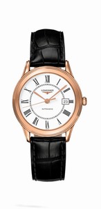 Longines Flagship Automatic Roman Numerals Dial Date 18k Rose Gold Case Black Leather Watch# L4.774.8.21.2 (Men Watch)