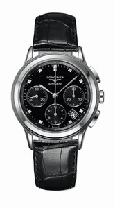 Longines Flagship Automatic Black Diamond Dial Chronograph Black Leather Watch# L4.803.4.57.2 (Men Watch)