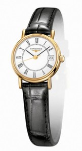 Longines La Grande Classique Quartz White Dial Roman Numerals 18ct Gold Bezel Black Leather Watch# L7.490.6.11.0 (Women Watch)