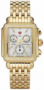 Michele Quartz Polished Yellow Gold Tone White Mother Of Pearl With Diamond Hour Markers Dial Polished Yellow Gold Tone Band Watch #MWW06P000100 (Women Watch)