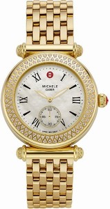 Michele Battery Operated Quartz Polished Yellow Gold Tone White Mother Of Pearl Dial Polished Yellow Gold Tone Band Watch #MWW16A000038 (Women Watch)