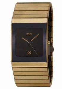 Rado Ceramica Quartz Black Dial Date Yellow Gold Plated Ceramos Watch# R21892402 (Men Watch)