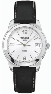 Tissot T-Classic Battery Operated Quartz Brushed With Polished Stainless Steel Silver Dial Black Leather Band Watch #T34.1.421.32 (Men Watch)