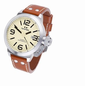 TW Steel Quartz Beige Dial Date Brown Leather Watch # TW21R (Men Watch)