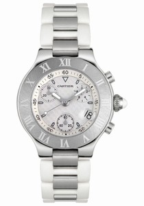 Cartier Calibre 272 Quartz Brushed Stainless Steel Silver Double C Chronograph With Magnified Date At 4 Dial White Rubber And Stainless Steel Band Watch #W10184U2 (Men Watch)