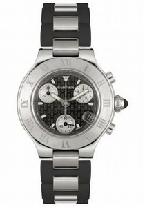 Cartier Calibre 471 Quartz Brushed Stainless Steel Black Double C Chronograph With Magnified Date At 4 Dial Black Rubber And Stainless Steel Band Watch #W10198U2 (Women Watch)