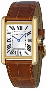 Cartier Quartz 18kt Yellow Gold White Dial Crocodile Brown Leather Band Watch #W1529756 (Men Watch)