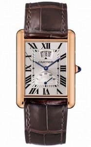 Cartier Manual Winding Calibre 9753 18k Rose Gold Rectangular Silver Dial With Blue Sword Shaped Hands,date At 12 And Power Reserve Indicator At 7 Dial Brown Crocodile Leather Band Watch #W1560003 (Men Watch)