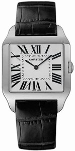 Cartier Manual Winding Polished 18k White Gold Silver With Roman Numeral Hour Markers Dial Black Crocodile Leather Band Watch #W2007051 (Men Watch)