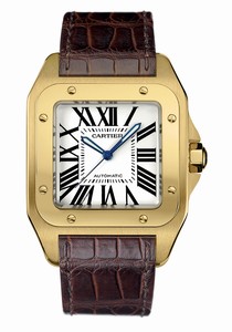 Cartier Automatic 18kt Yellow Gold Silver Dial Crocodile Brown Leather Band Watch #W20071Y1 (Men Watch)