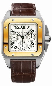 Cartier Automatic Stainless Steel And Gold Silver Dial Crocodile Brown Leather Band Watch #W20091X7 (Men Watch)