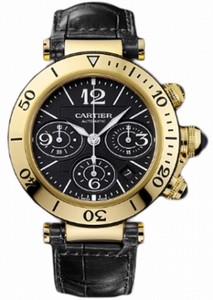 Cartier Automatic 18kt Yellow Gold Black Dial Crocodile Black Leather Band Watch #W3030017 (Men Watch)