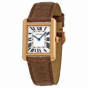Cartier Tank Solo Quartz Roman Numerals Silver Dial Brown Leather Watch# W5200024 (Women Watch)