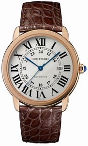 Cartier Self Winding Automatic with Caliber Cartier 049 18k Polished Rose Gold Silver Opaline With Roman Numeral Hour Markers And Blued Steel Hands Dial Brown Alligator Leather Strap Band Watch #W6701009 (Men Watch)