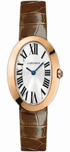 Cartier Battery Operated Quartz 18k Polished Rose Gold Silver With Roman Numeral Hour Markers And Blue Sword Shaped Hands Dial Brown Crocodile Leather With 18k Gold Buckle Band Watch #W8000007 (Women Watch)