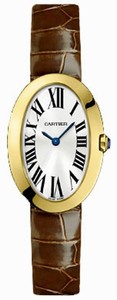 Cartier Battery Operated Quartz 18k Polished Yellow Gold Silver With Roman Numeral Hour Markers And Blue Sword Shaped Hands Dial Brown Crocodile Leather With 18k Gold Buckle Band Watch #W8000009 (Women Watch)