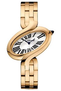 Cartier Battery Operated Quartz Calibre 157 18k Rose Gold Oval Shaped Lacquered Silver With Blue Sword Shaped Hands Dial 18k Rose Gold Links Band Watch #W8100006 (Women Watch)
