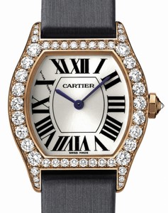 Cartier Manual Winding Calibre 430 !8k Rose Gold Set With Diamonds Silver Sunray Finish With Roman Numurals And Blue Sword Shaped Hands Dial Black Satin Band Watch #WA507031 (Women Watch)