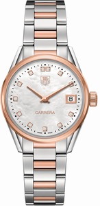 TAG Heuer Carrera Quartz Mother of Pearl Diamond Dial Date 18k Rose Gold and Stainless Steel Watch# WAR1352.BD0774 (Women Watch)